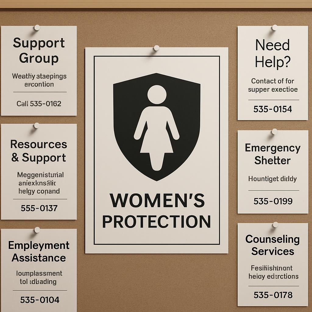 This image displays a corkboard with various white note cards providing resources and support for women's protection. Nota...