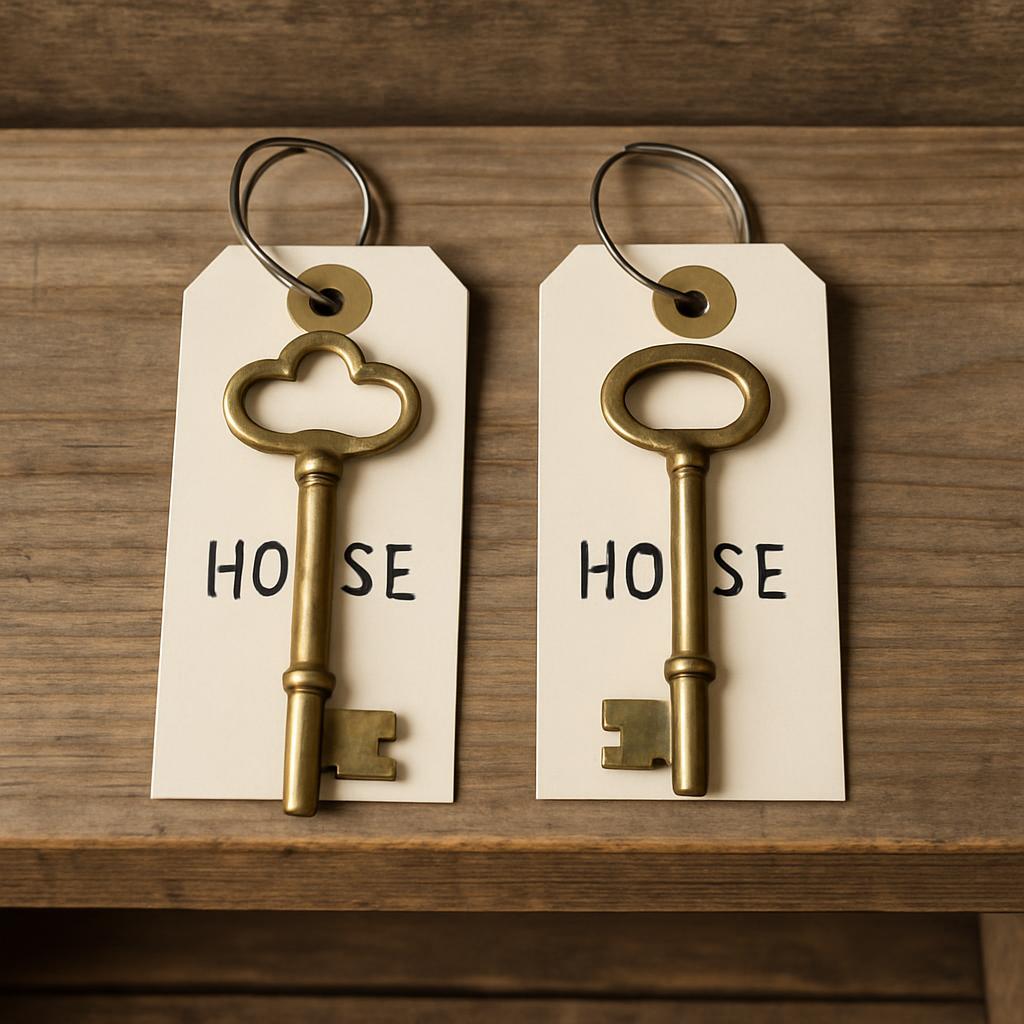 The image features two matching brass skeleton keys in antique bronze style attached to white, rectangular white tags for ...